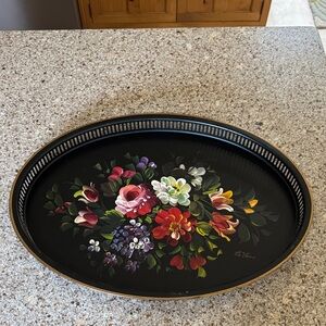 Vintage Nashco Products MCM Hand Painted Signed Floral Black Metal Oval Tray